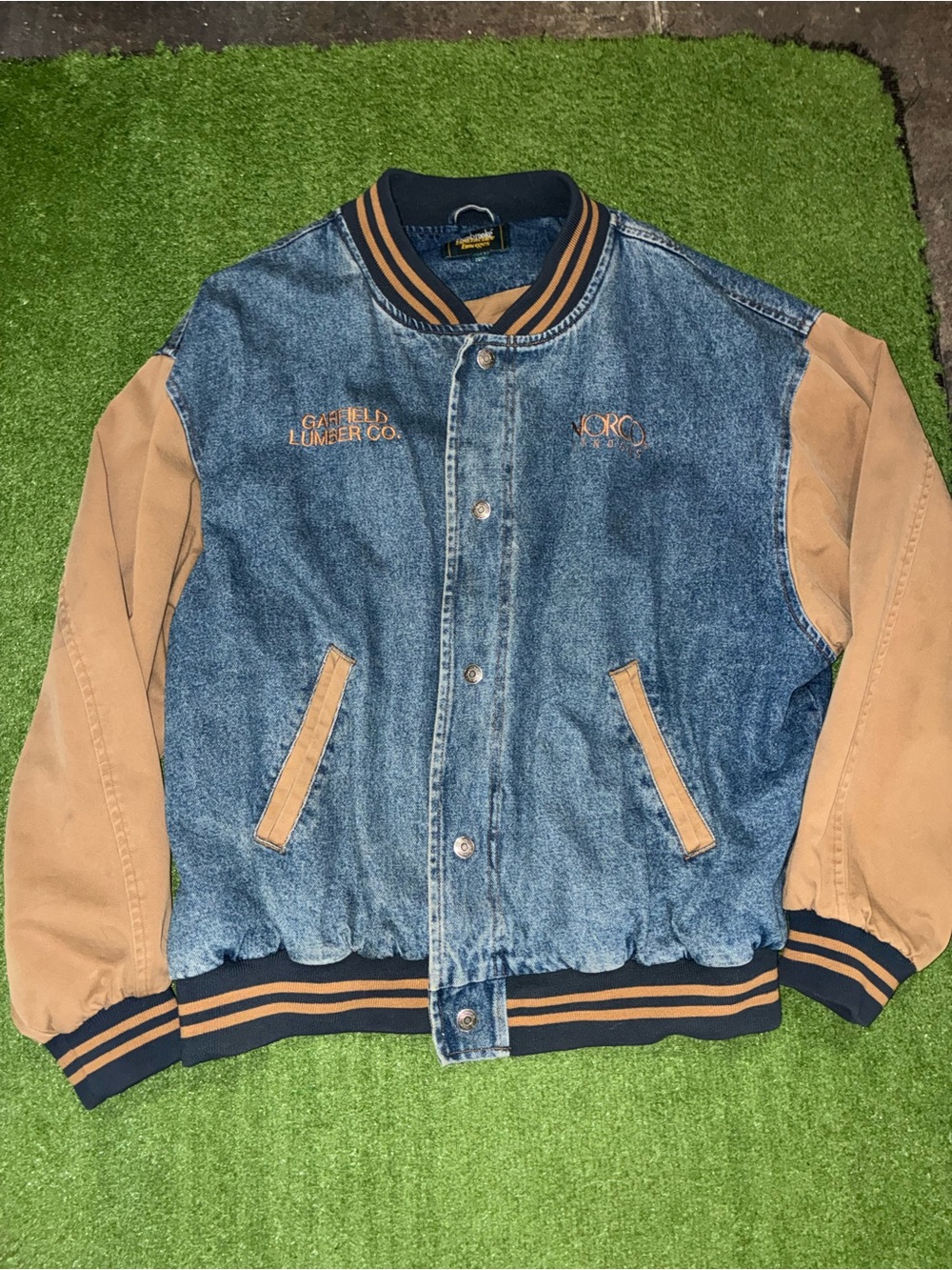 Dunbrooke Blue Denim and Tan Varsity Jacket